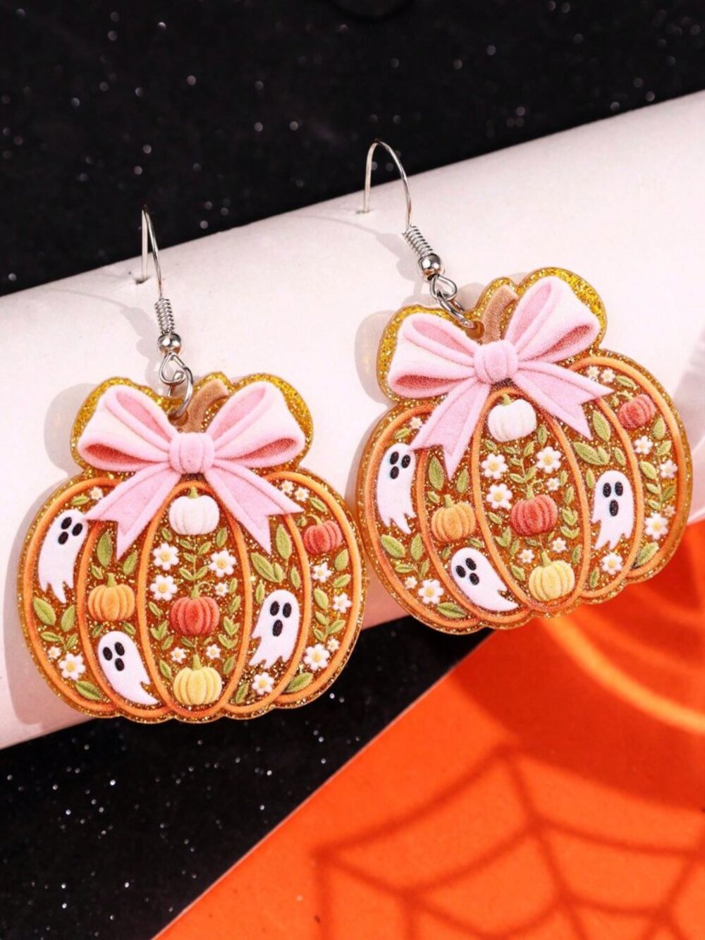 Halloween Cute Unique Creative Bowknot Glitter Pumpkin Acrylic drop earrings